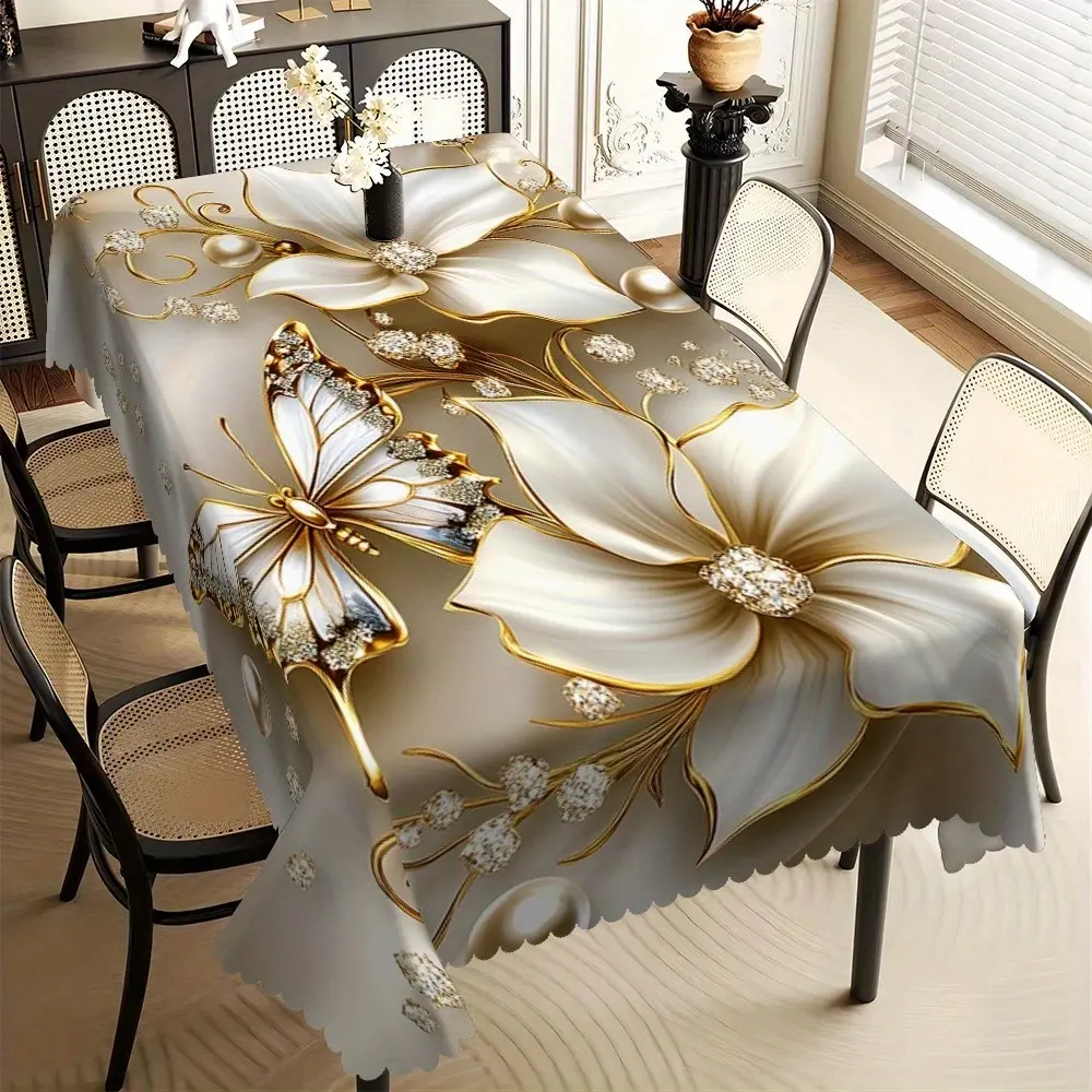 Luxury-light bottom gold-plated butterfly large flower pattern printed straight-edge tablecloth, waterproof and stain-resistant reusable square tablecloth, suitable for decoration in living rooms, dining rooms, hotels, and cafes