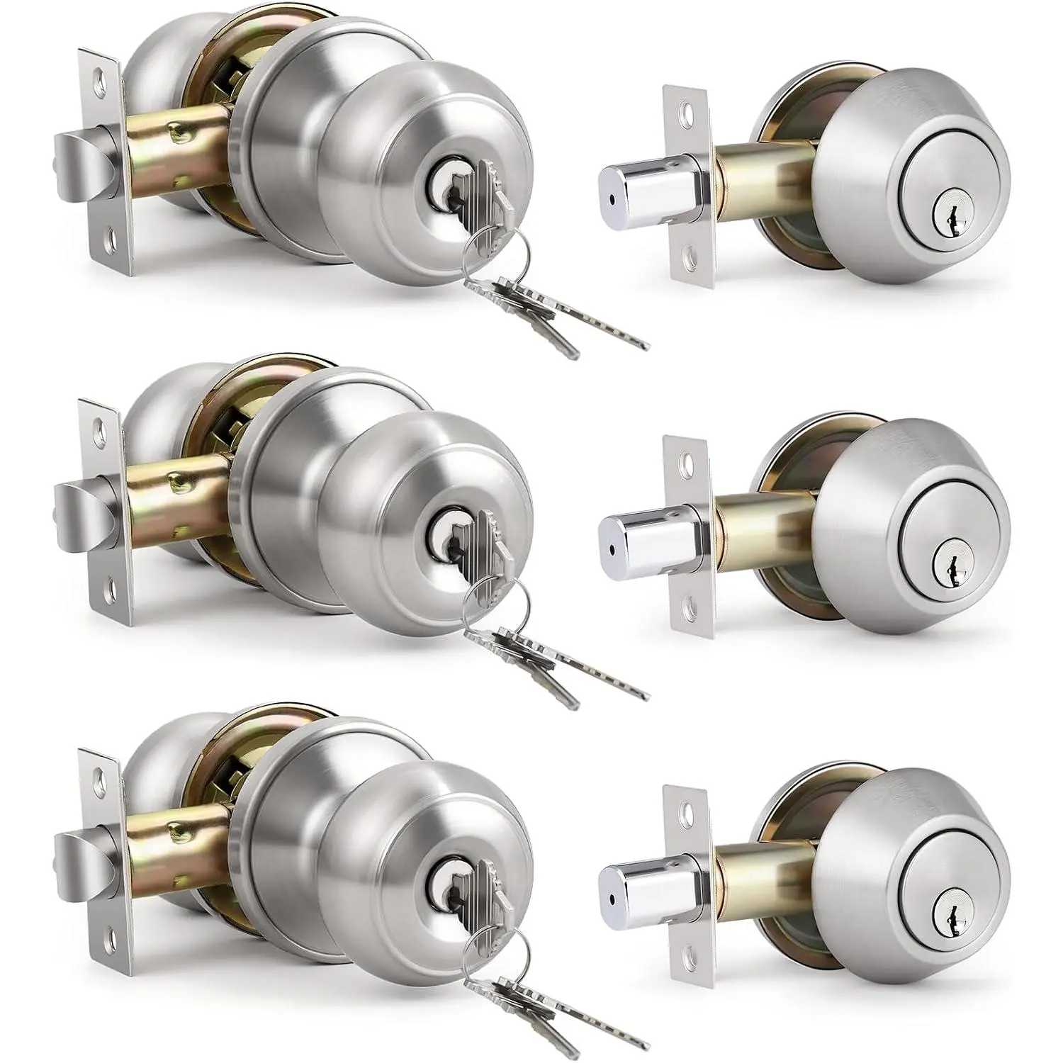 Keyed Door Knob and Single Cylinder Deadbolt Combo Set, Exterior Door Knobs for Entrance and Front Door, Keyed Alike Knob and Deadbolt, Nickel, 3 Pack