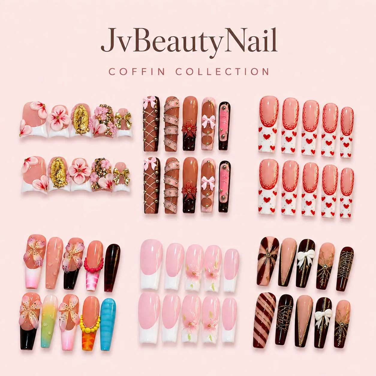 JvBeautyNail Handmade Coffin Press On Nails, Reusable 10-Piece False Nail Set, Salon-Style Instant Manicure
