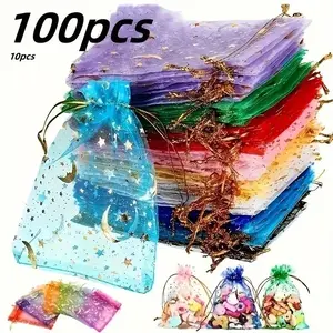 100Pcs Moon Star Hard Gauze Bag, Mixed Color Christmas Wedding Gift Drawstring Bag, Jewelry Bag, Candy Mesh Bag, Jewelry and Cosmetics Storage Bag, Shoe Bag