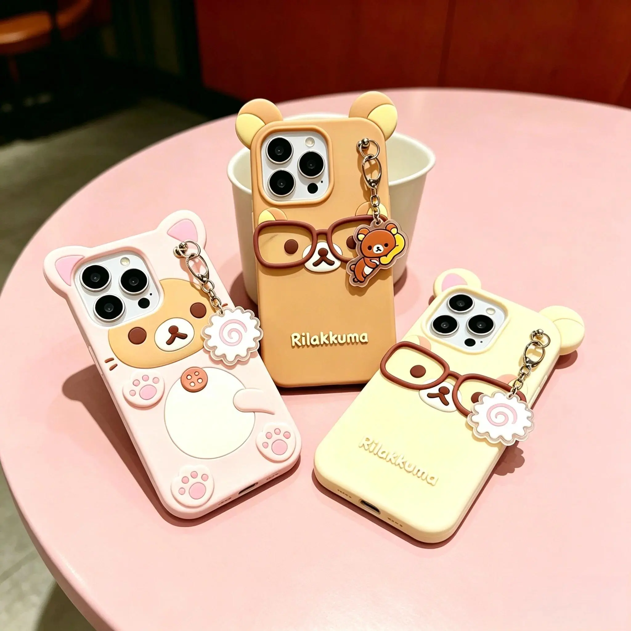3D Cute Rilakkuma Glasses Bear Cartoon Soft Silicone Casing with Pendant Charm, Smartphone Handheld Devices Accessory for iPhone 5/5S/6/7/8 Plus/SE/12/13/14/15/16/17/17 Pro/Pro Max, Accessories, Protection