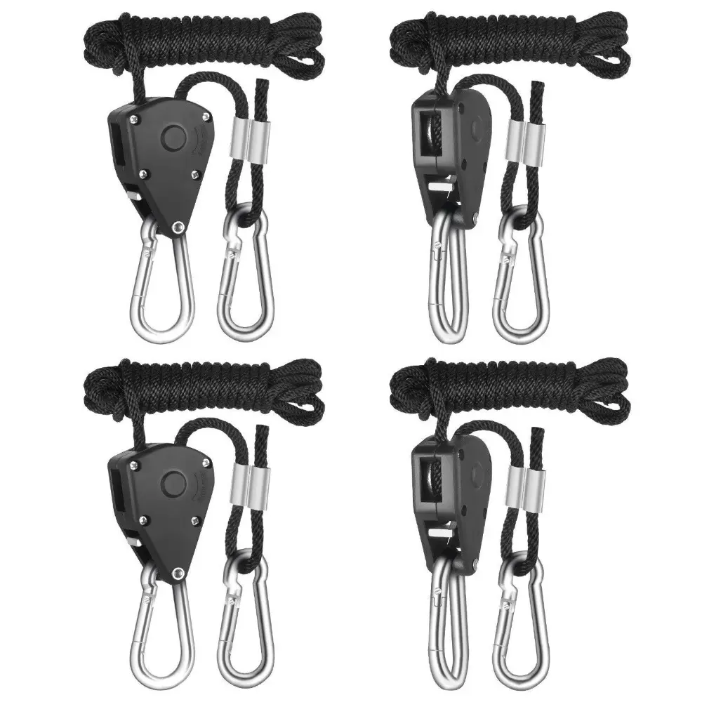 Camping Tent Ropes – 4-Pack Tent Ropes with Buckles, Adjustable Rope Hanger, Heavy Duty Ratchet Tie Down Strap with Reinforced Metal Gear, Ratcheting Pulley System Kayak Straps for Hanging Plants Grow Light and Various Tie-Down Uses
