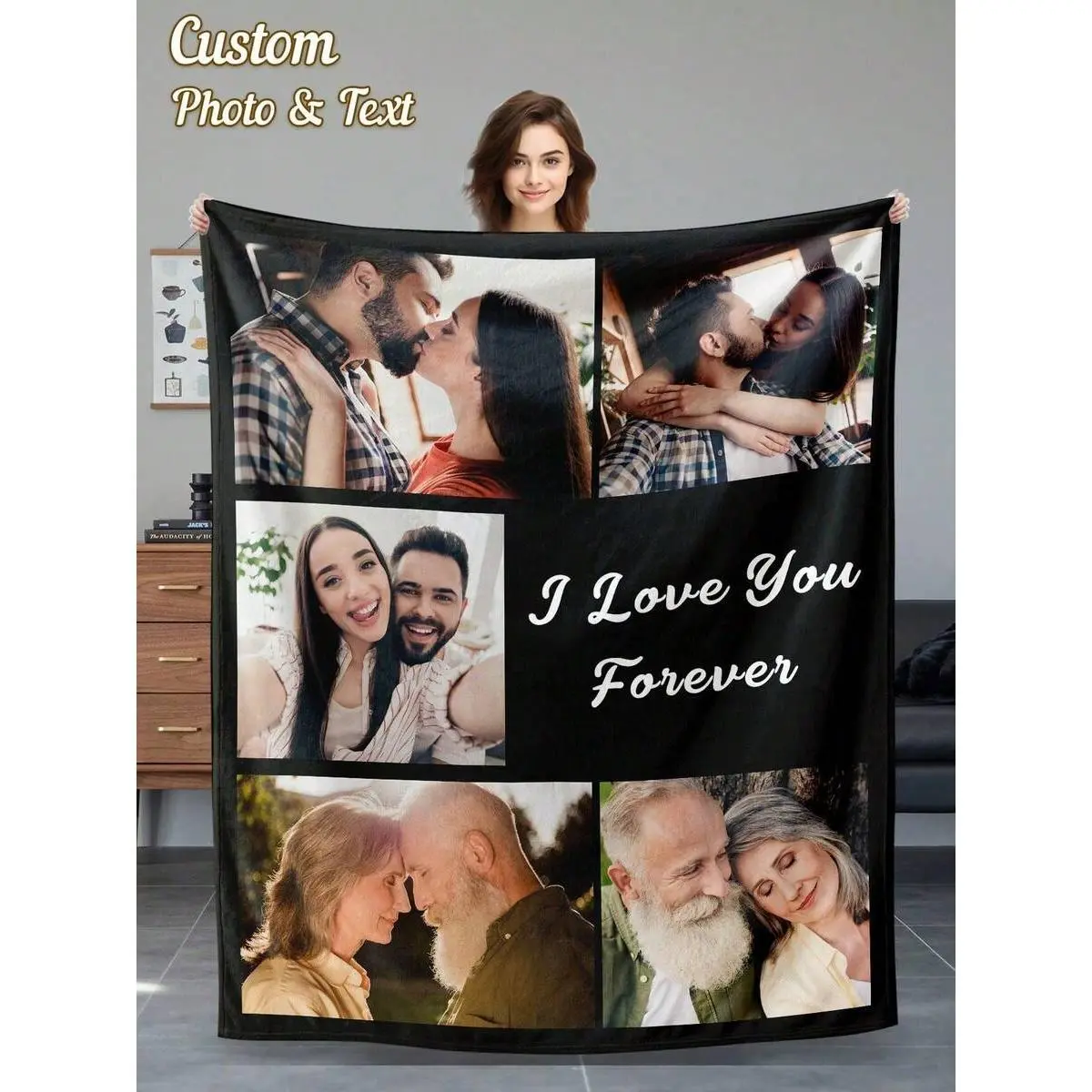 Custom 5-Photo Flannel Throw Blanket, Personalized "I Love You Forever" Photo Collage, Soft Cozy Warm Unique Gift for Boyfriend GF, Anniversary Home Decor for Couch Sofa Bed, Gifts For Boyfriend, Gf Gift