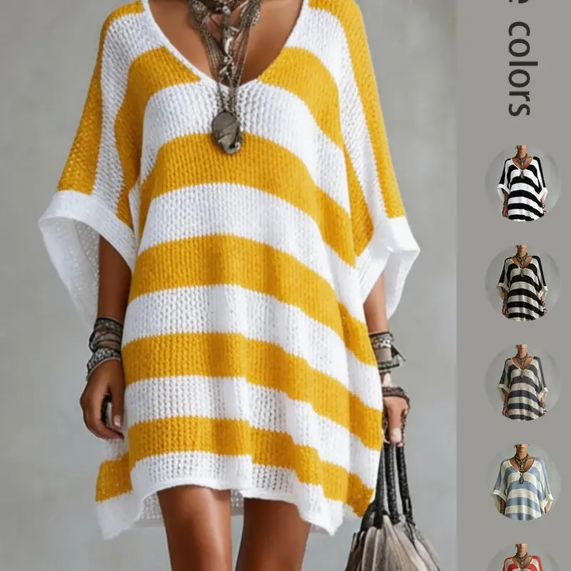 Knit Dress with Wide Stripes, Boho Style, Hollow Out Breathable V-Neck, Loose Fit, Beach Vacation Outerwear, Casual Summer Fashion, Boho Beach Sundresses