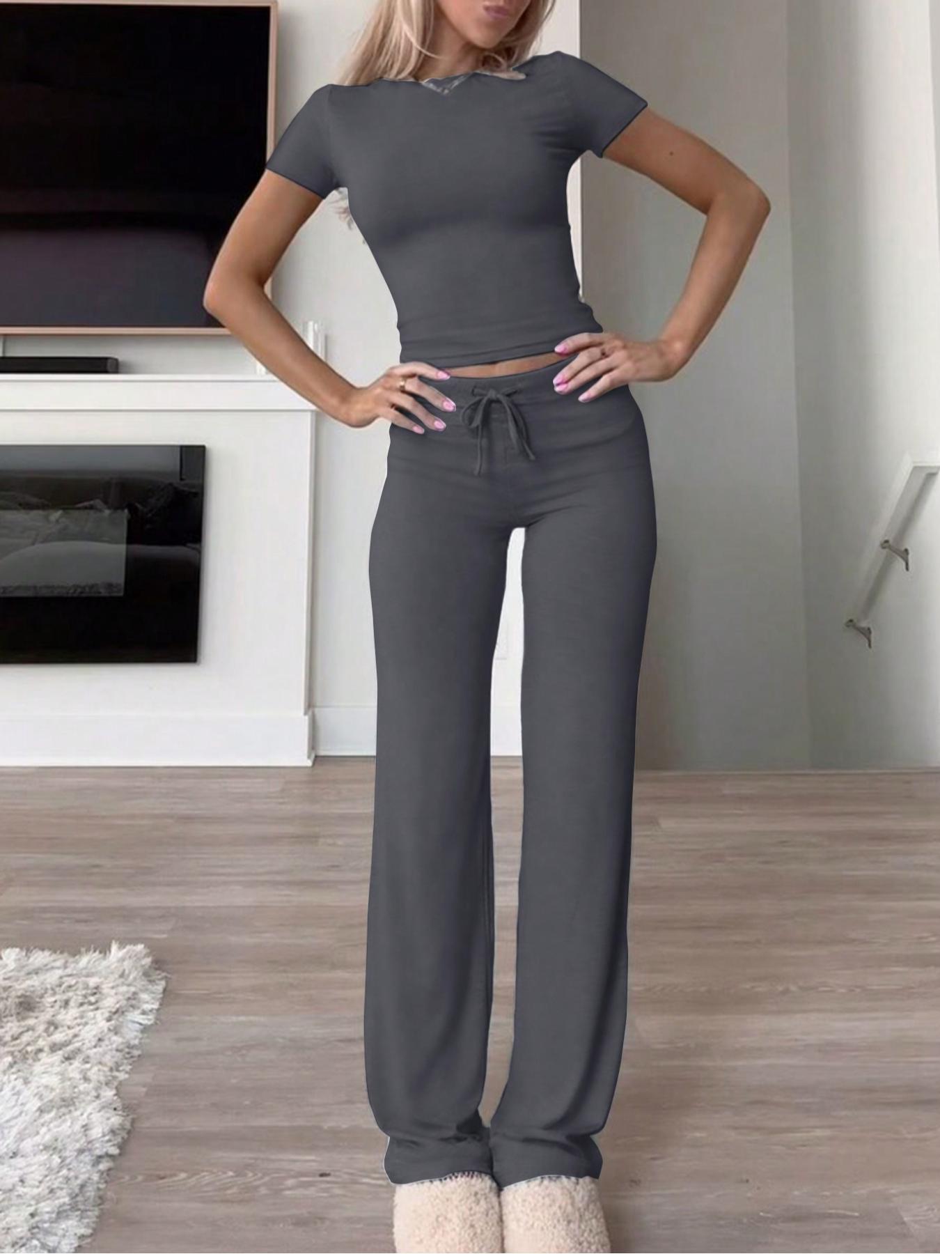 Women's Solid Short Sleeve Tee & Pants Two Piece Set, Casual  Subtle Flexibility Comfortable Fabric Round Neck Crop Top & Drawstring High Waist Trousers for Daily Wear,  Ladies Fall Matching Sets Going Out, Fall Outfits Black Girl loungewear