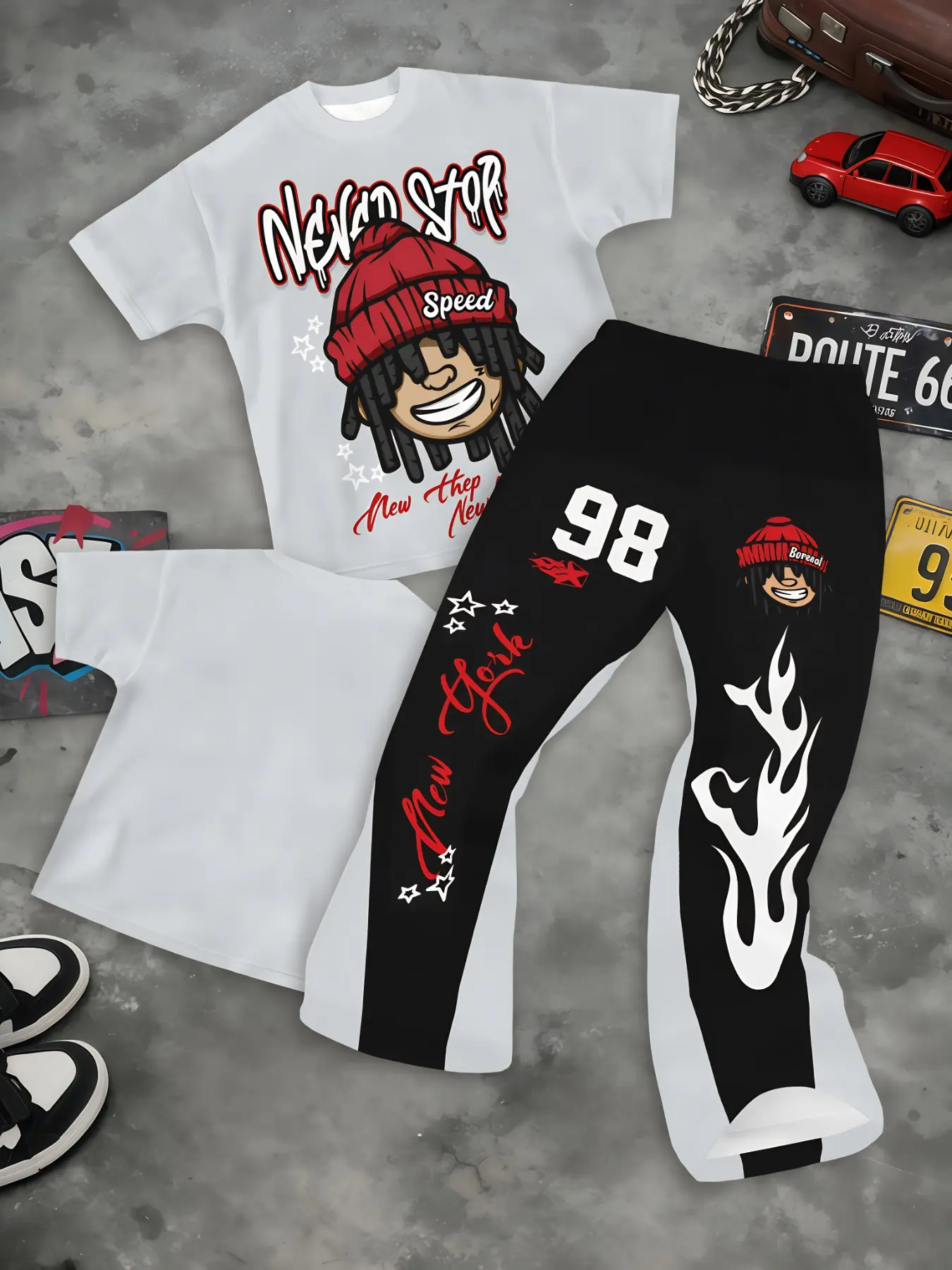 Light Grey Black Color Block Cartoon Men Graphic Tee Curved Pants Set Wrinkle Free Lightweight Elastic Waist Street Outfit Skate Park Wear Trending Teen Streetwear Men Matching Set