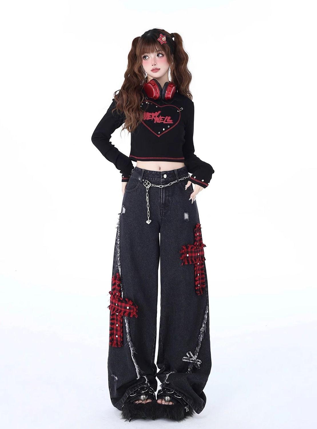 Women's Rock Punk Ripped Jeans, Spring New High-Waist Wide-Leg Pants, Loose Embroidered Floor-Length Denim, Drapey Casual Bottoms