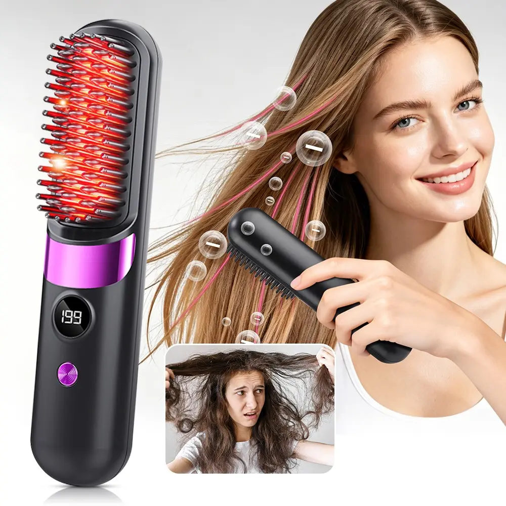 Rechargeable Straightening Comb, 4 Temperature Settings, Anti-Static, Smooths Frizz, Portable Hair Styling Tool, Home & Travel Use