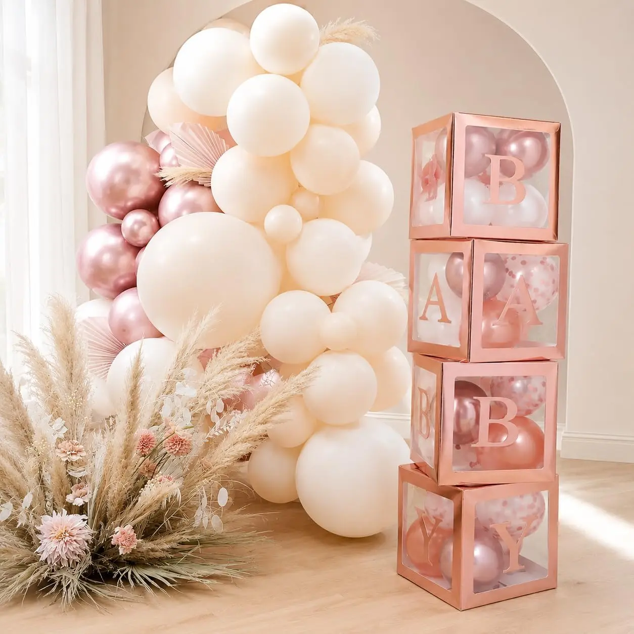 82PCS Rose Gold Letter Balloon Boxes Party Decor Kit - Jumbo Size Clear Baby Blocks for Girls, Includes Alphabet Letters DIY, White Gold Balloons, Butterfly Arch for Baby Shower Backdrop