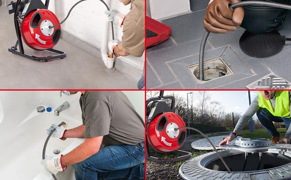 GARVEE Electric Drain Cleaners: Versatile Machines for 1-4 Inch Pipes, Available in 50Ft, 75Ft, and 100Ft Lengths, Featuring 3/8 Inch and 1/2 Inch Options with Multiple Cutters for Efficient Clog Removal.