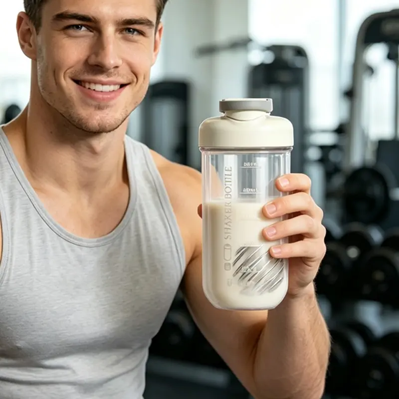 Portable Fitness Shaker Cup, 750ML Large Capacity, Unisex, with Measurement Lines and Mixing Ball Lid, Transparent Design, Ideal for Gym, Camping, Travel