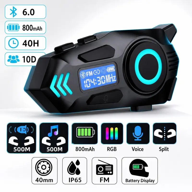 Motorcycle Helmet Intercom Headset, Bluetooth 5.0 Helmet Speaker with Multi-User Music Sharing, FM Radio and 800mAh Battery