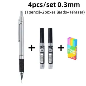 Metal Mechanical Pencil Set, 1pc Anti Slip Soft Grip Handle Activity Pencil with 2 Boxes Lead & 1pc Eraser, Mechanical Drawing Pencils, Drawing Sketching Writing Office Stationery Supplies, Stationery Writing Tools
