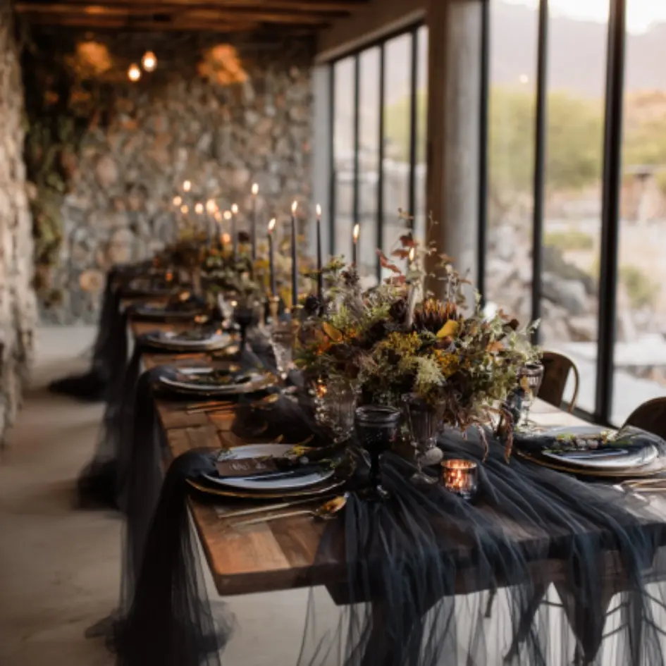 Black sheer polyester tulle drape with strong retro atmosphere, suitable for Halloween decor, gothic weddings, stage backdrops, bachelorette parties and birthday parties.