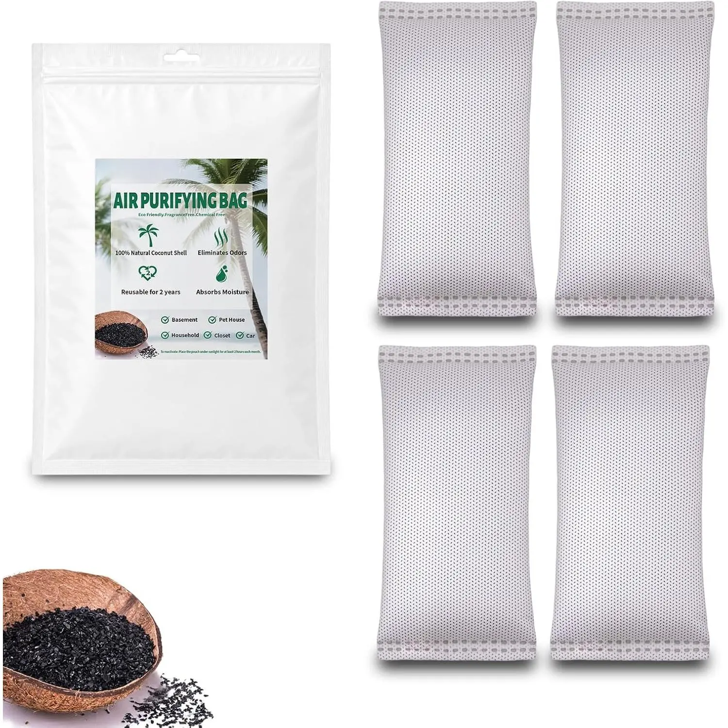 Coconut Shell Charcoal Air Purifying Bags 50g, Removes Odors and , Nature  Air Purifier Bags, Odor  for , , Pets, Bathroom, Basement(4 x 50g)
