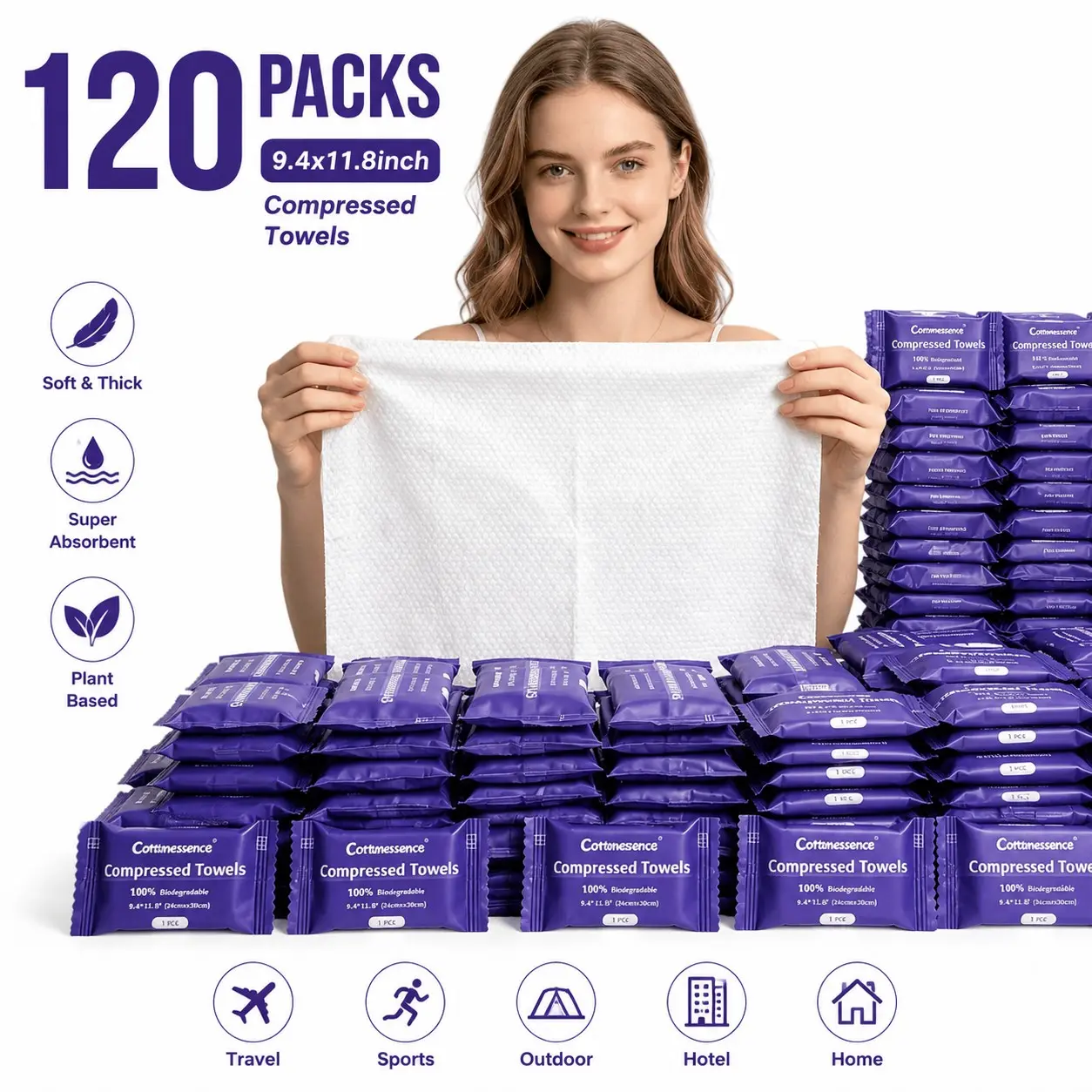Compressed Towel Tablets, Extra Thick Ultra Soft Travel Towels, Portable Face Cloths, Soft Thick Expandable Wash Towels, 120 Packs