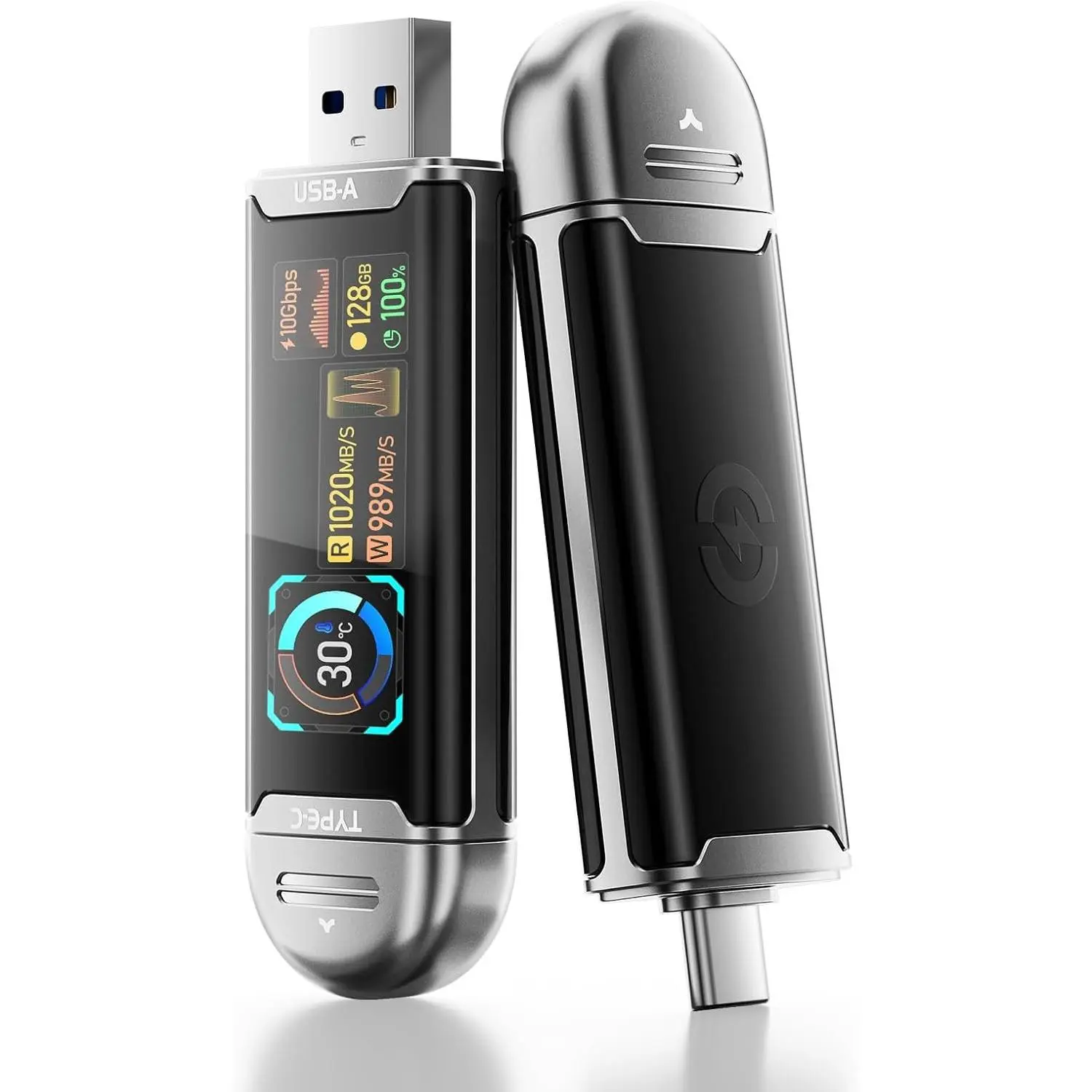 128GB USB Drive with  Display 1090MB/s USB 3.2 Gen2 and Type C SSD Memory Stick for ProRes 4K Video  17/16/15, Android Phone, Windows, , Tablet