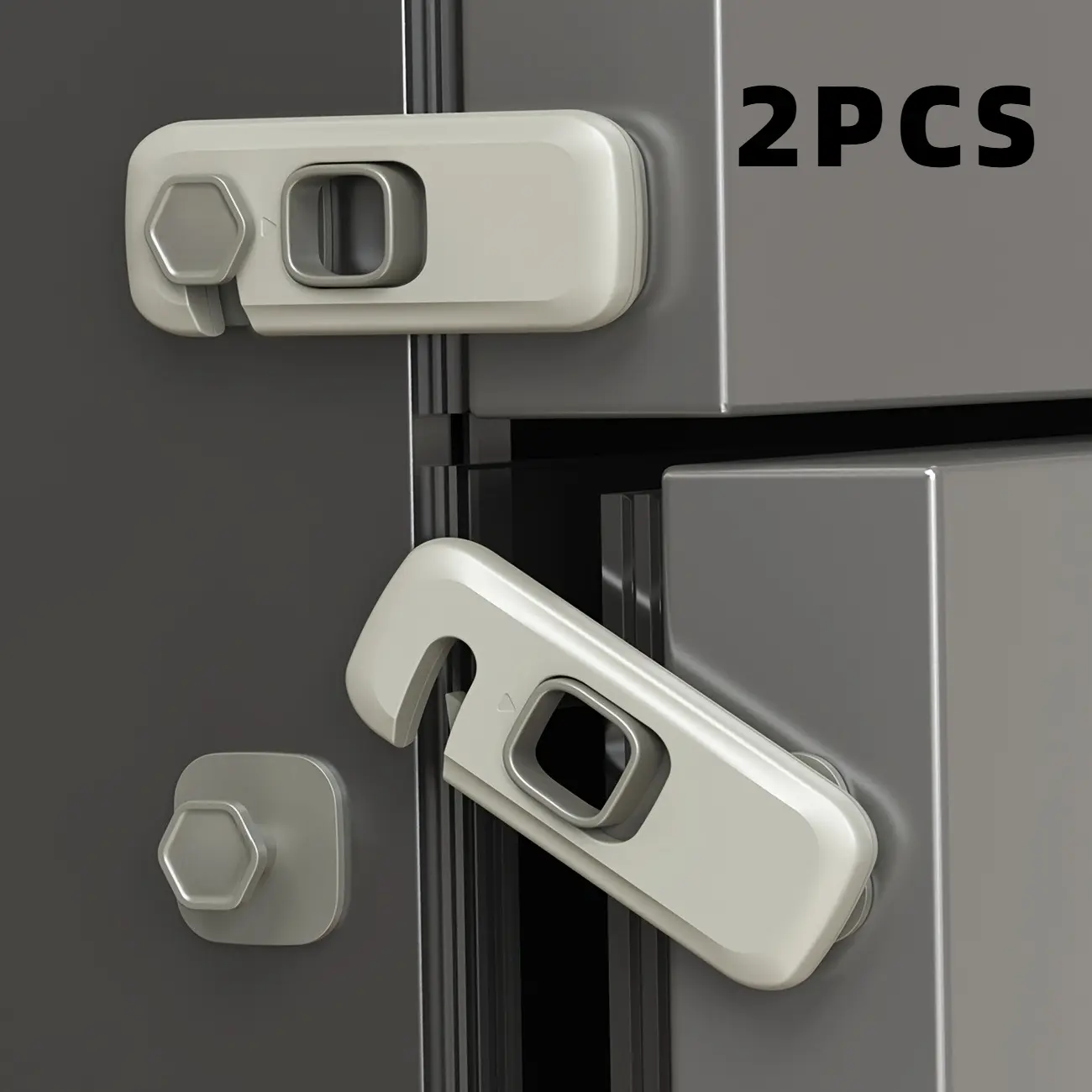 2 Pack Cabinet Safety Locks, 360° Rotating Refrigerator Door Lock with Adhesive Pads, No Drill Fridge Cabinet Drawer Latch, Strong Stick-On Storage Lock for Kitchen, Closet, Freezer & Pantry