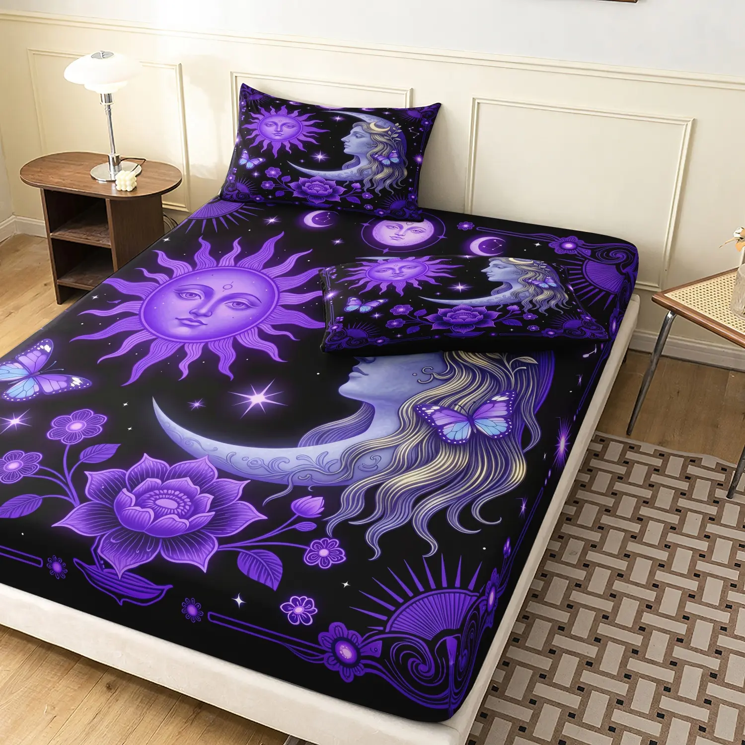  3 Pieces Purple Celestial Sun Moon Goddess Fitted Sheet Set, Star Butterfly Floral Printed Bedding, Soft Microfiber Bohemian Bedding For Bedroom Home Decoration, Multiple Sizes Available (1 Fitted Sheet + 2 Pillowcases, No Pillow)