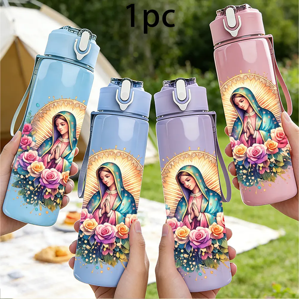 750ml Guadalupe Virgin Mary Water Bottle, Floral Religious Print Plastic Tumbler, Leakproof Water Bottle, Leak-Proof Flip-Top Lid, Lightweight Portable Bottle for Gym, Hiking & Camping, Perfect Gift for Faithful Women, Sports Water Bottles