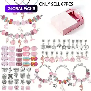 67Pcs DIY Charm Bracelet Beads Set, Jewelry Making Supplies Kit with Storage Box (5.5x2x4.7inch), 60 Bead Accessories, 3 Bracelets and 3 Necklaces, Creativity Inspiring Perfect Birthday Gift for Girls 6-10 Years Old #GLOBAL PICKS