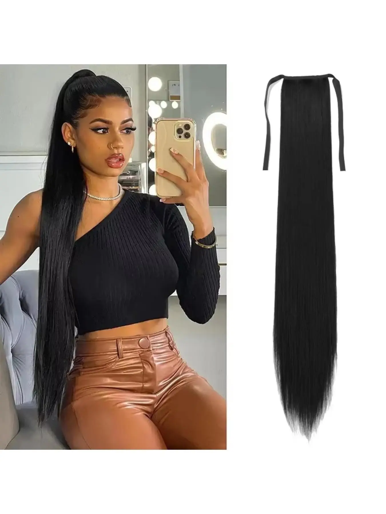 Synthetic 34 Inch Straight Ponytail Extension Drawstring Clip In Hairpiece Long Sleek Ponytail Hair Extension Soft Natural Style Secure Hold Easy Attach Hair Accessory for Women Daily Wear Party