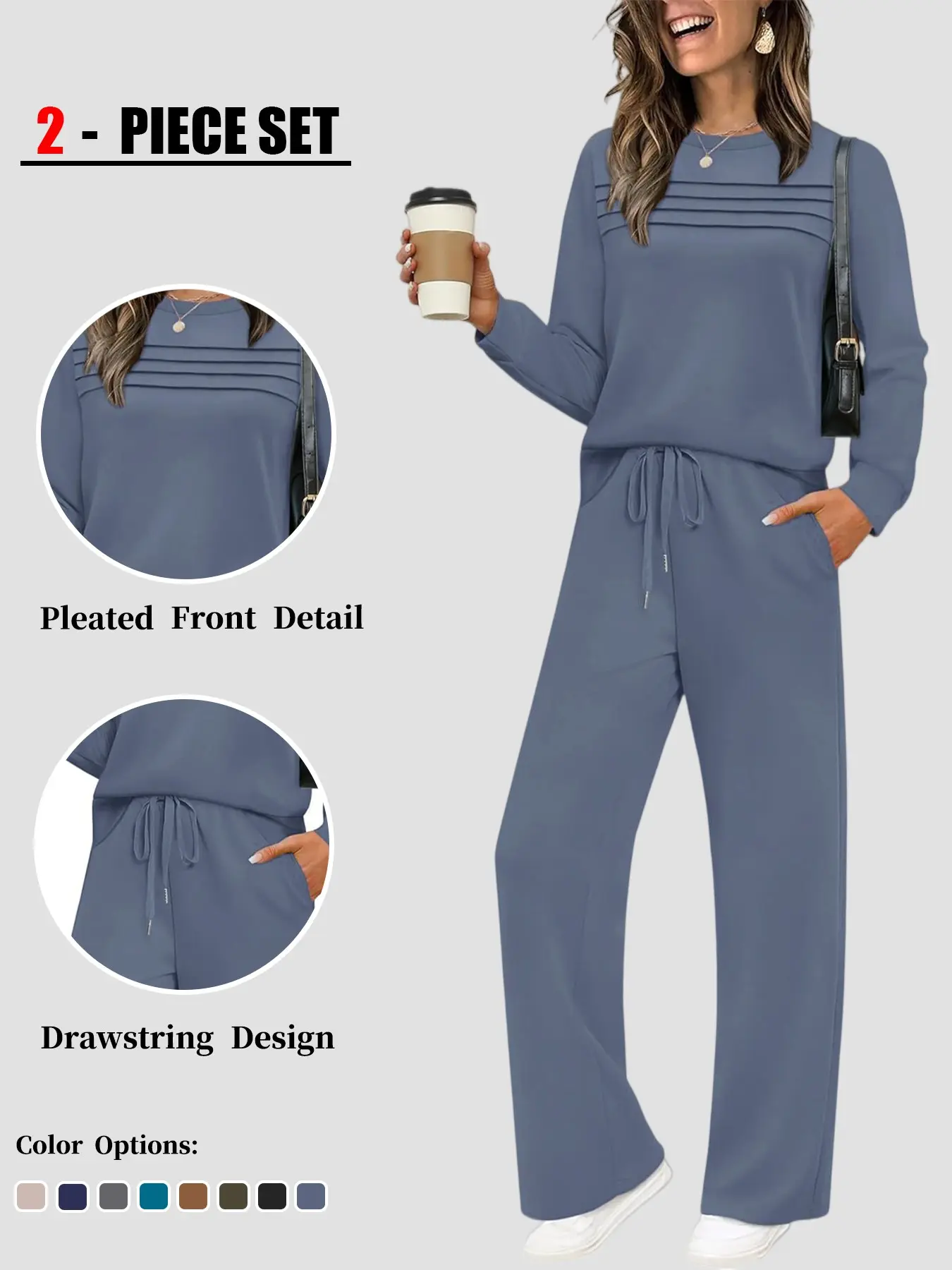 Women's 2 Piece Lounge Set, Long Sleeve Crew Neck Top with Pleated Front Detail & High Waisted Wide Leg Pants with Pockets, Casual Matching Outfit with Drawstring Waist, Soft Stretchy Cozy Pajama Set for Women, Trendy Loungewear Set