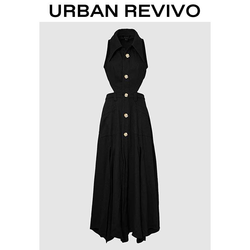 URBAN REVIVO Women's Cutout Denim Dress Sleeveless, High Waist Gold Button Collar Maxi Jean Dress, Retro Flowy Split Dress for Summer Vacation Streetwear URBAN REVIVO Women's Cutout Denim Dress Sleeveless, High Waist Gold Button Collar Maxi Jean Dress, Retro Flowy Split Dress for Summer Vacation Streetwear