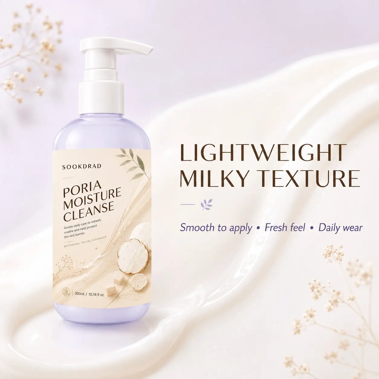 poria moisture cleanser, poria ingredient, gentle cleansing, refreshing, soothing, skin barrier protection, botanical facial cleanser, for face, daily care, 10.14fl oz, 300ml