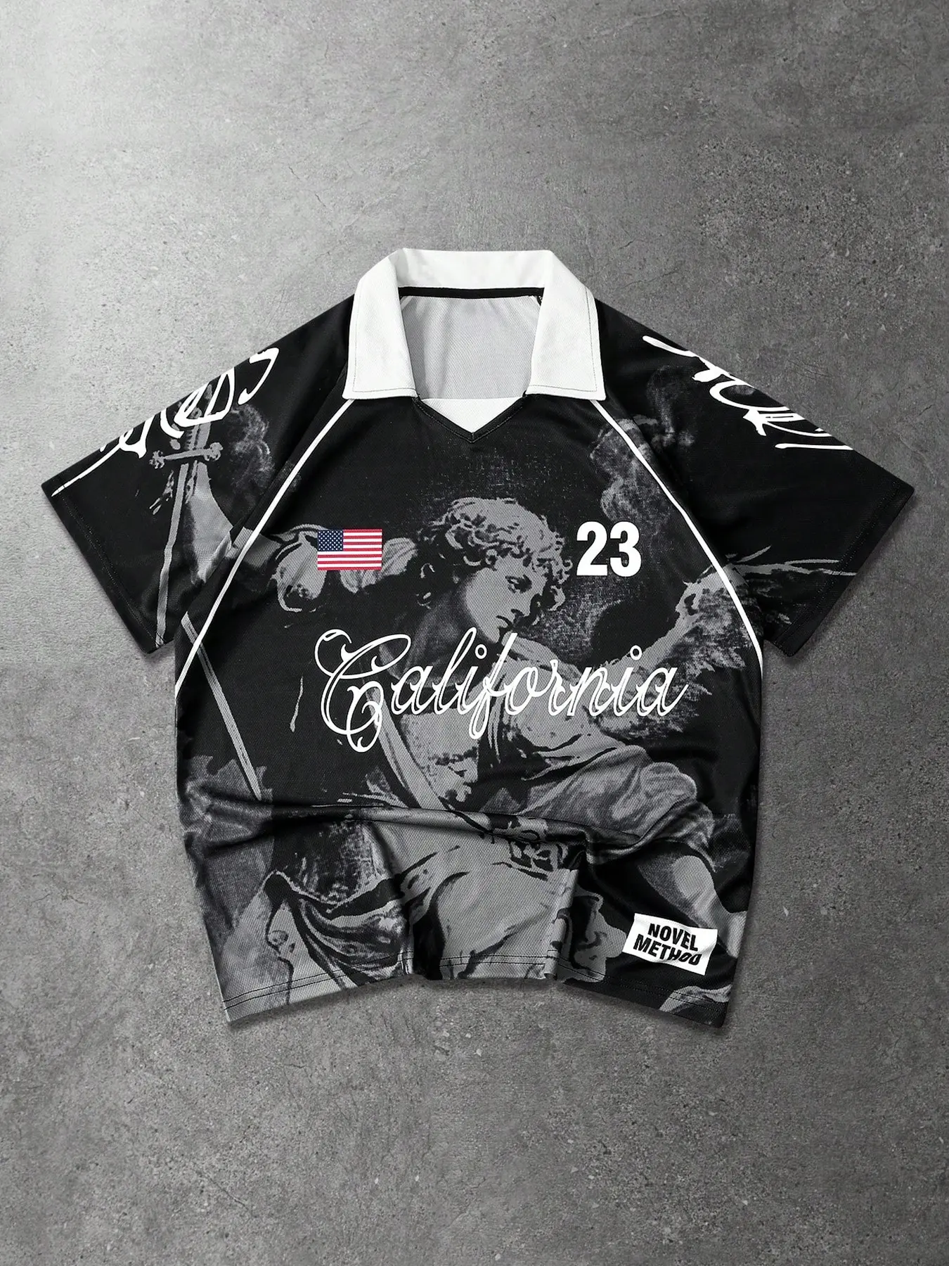 Viral Y2K angel full-print California No. 23 pattern polo soccer jersey, vintage street-style breathable mesh short-sleeve top, Breathable athletic top, black angel print sweatshirt, USA flag details, perfect for alternative hip-hop everyday outfits