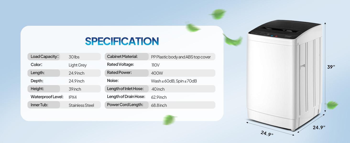 ROVSUN 17.8/25/30LBS Washing Machine, Full-Automatic Portable Washer with Stainless Steel Drum, Electric Laundry Machine, Washer and Spin Dryer Combo with Drain Pump for Home, Apartment, Light Grey