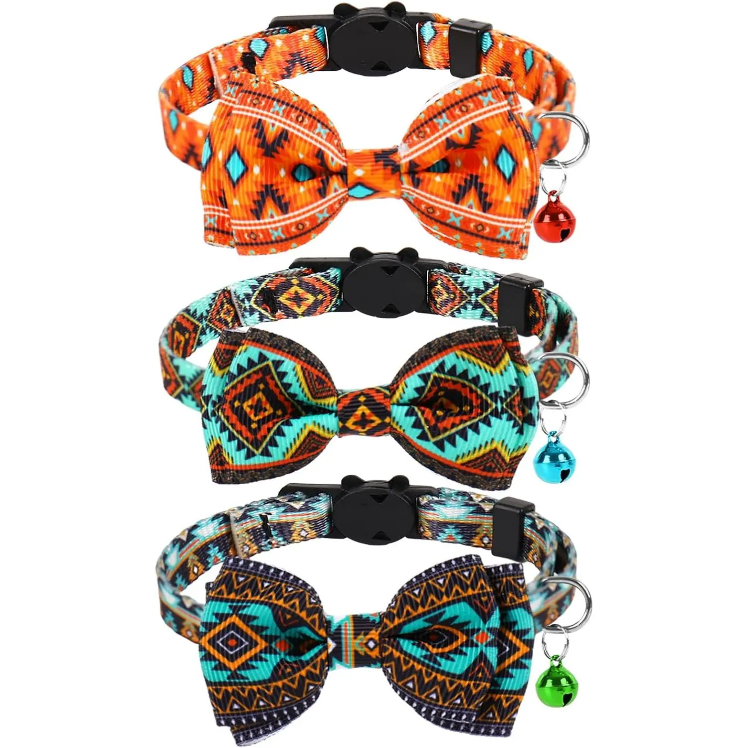 Cat Collars 3-Pack, Western Aztec Polyester Set with Breakaway Clasp, Bow, Bell, Adjustable 5.9-11in for Kittens, Daily Use, Birthday Party
