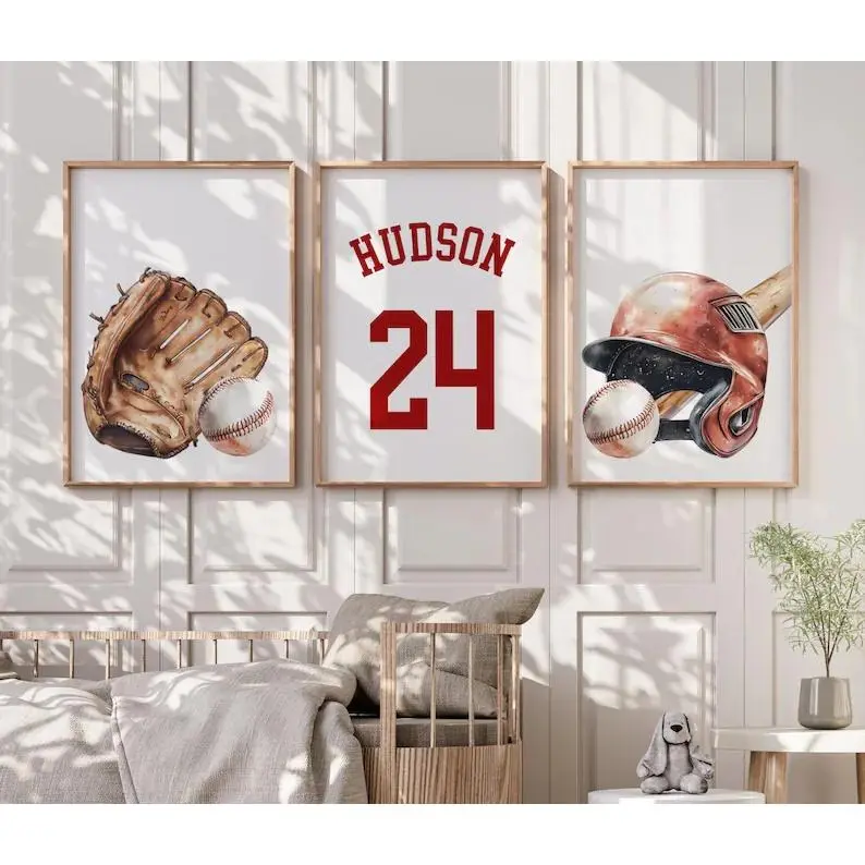 Baseball Wall Art Prints - Set of 3 Kids Sports Bedroom Decor for Little Boys