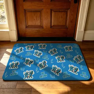 A rectangular cartoon Smurfs-themed welcome mat with the slogan "Six Seven". The mat features a patterned design with an edge-wrapped anti-slip felt and silicone material, which is soft and can be machine-washed. It's suitable for use as a door mat