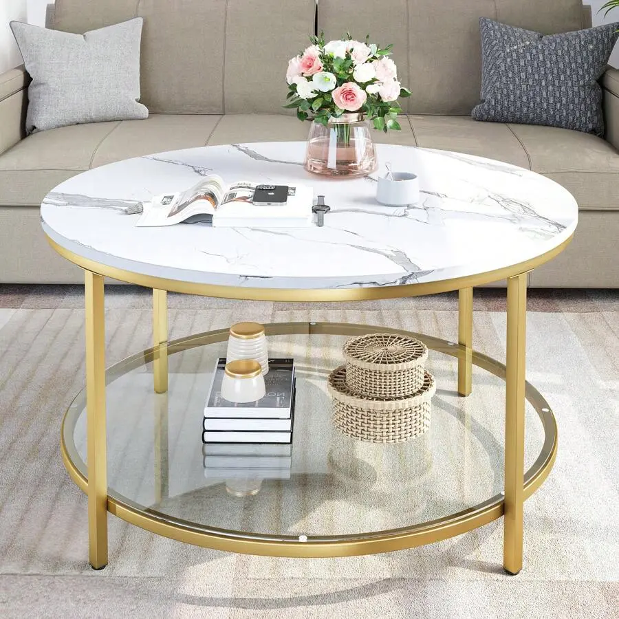 2 Tier Round Coffee Table Faux Marble Top With Glass Shelf Modern Center Cocktail Table For Living Room