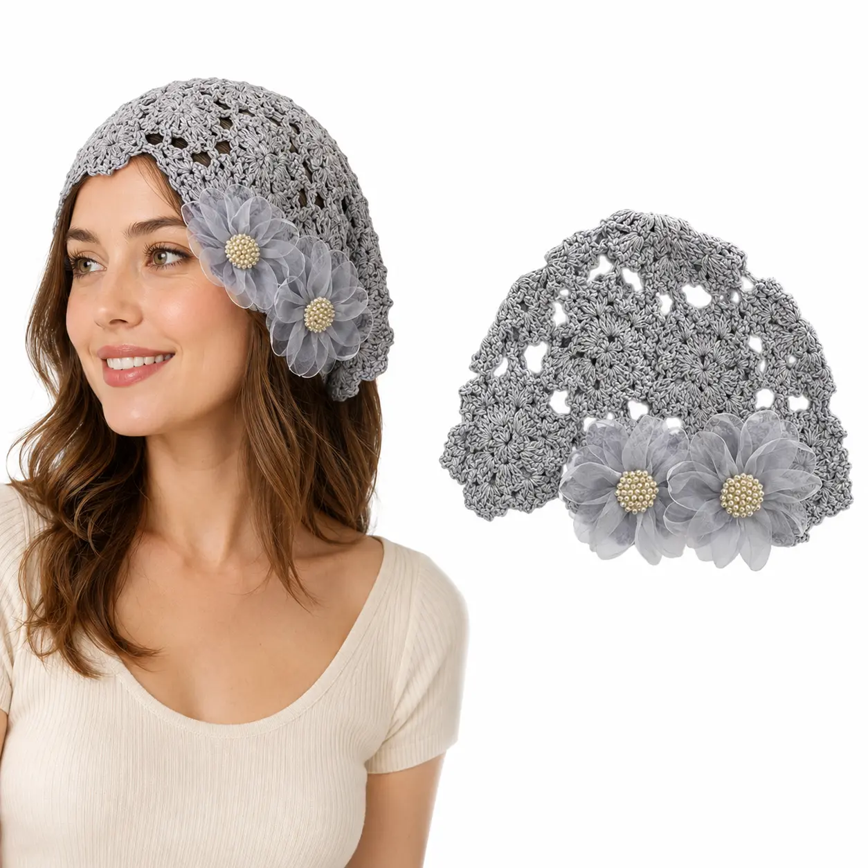 Women’s Crochet Head Scarf with 3D Floral Pearl Decoration, Boho Triangle Hair Kerchief Bandana for Summer Beach Vacation and Daily Outfits, 6 Colors