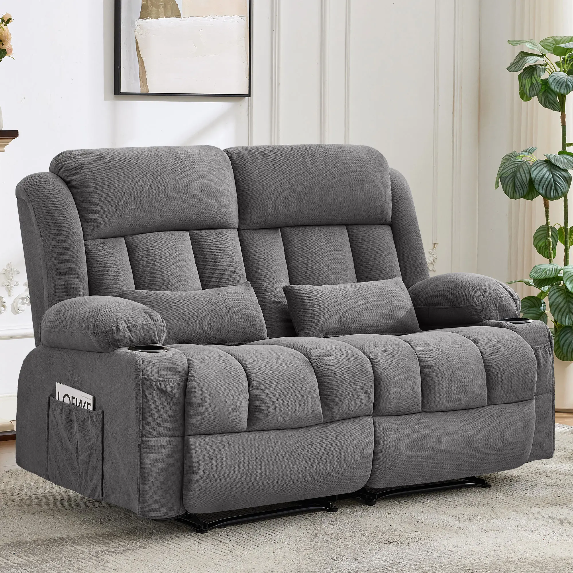 ARCH Reclining Loveseat Sofa for Living Room 2-Seat Manual Recliner with Cup Holders Side Pockets Ergonomic Backrest Linen Fabric Grey Metal Frame Cushion Back Soft Seating Home Theater Movie Night Relaxation Furniture, Grey Color Options
