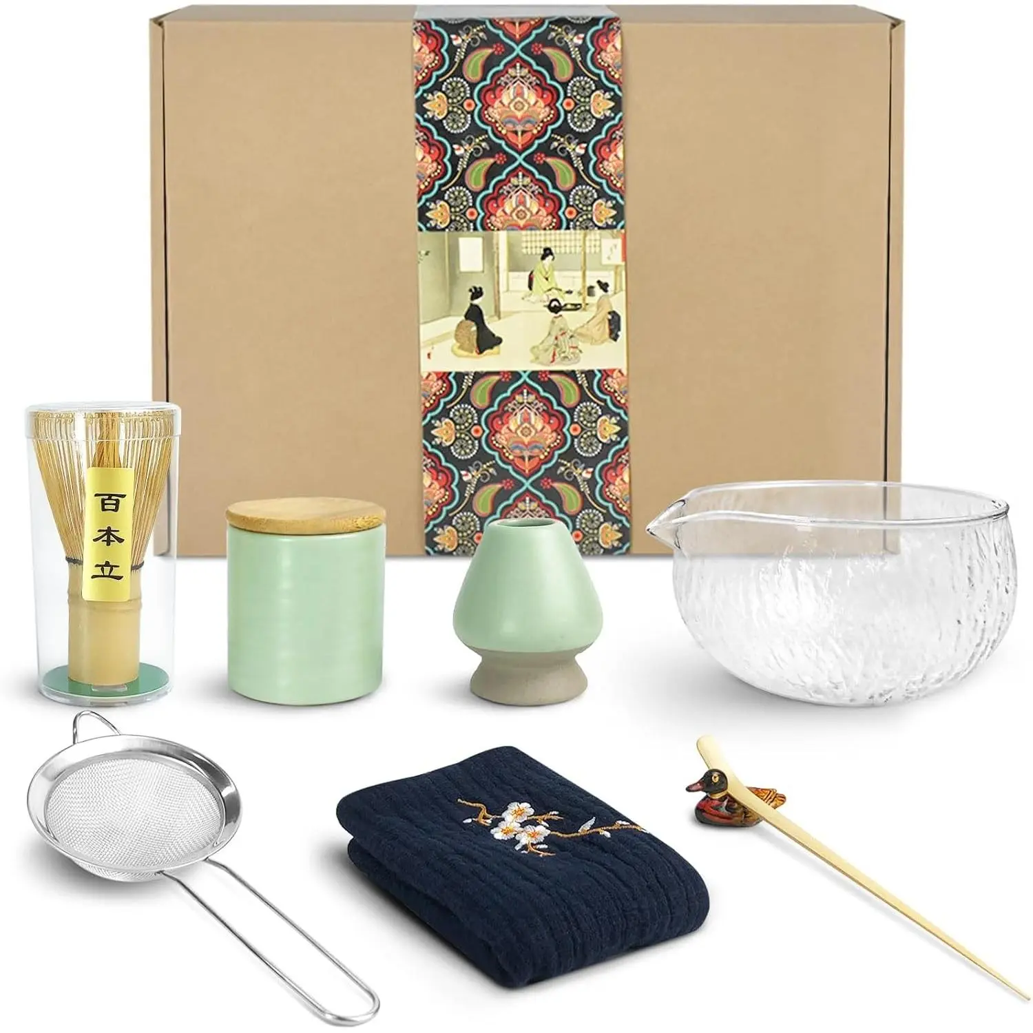 Artcome 9-Piece Japanese Tea Set, Matcha Bowl, Whisk, Scoop, Holder, Powder Caddy, Handmade Ceremony Kit for Japanese Tea Ceremony (Viridis)