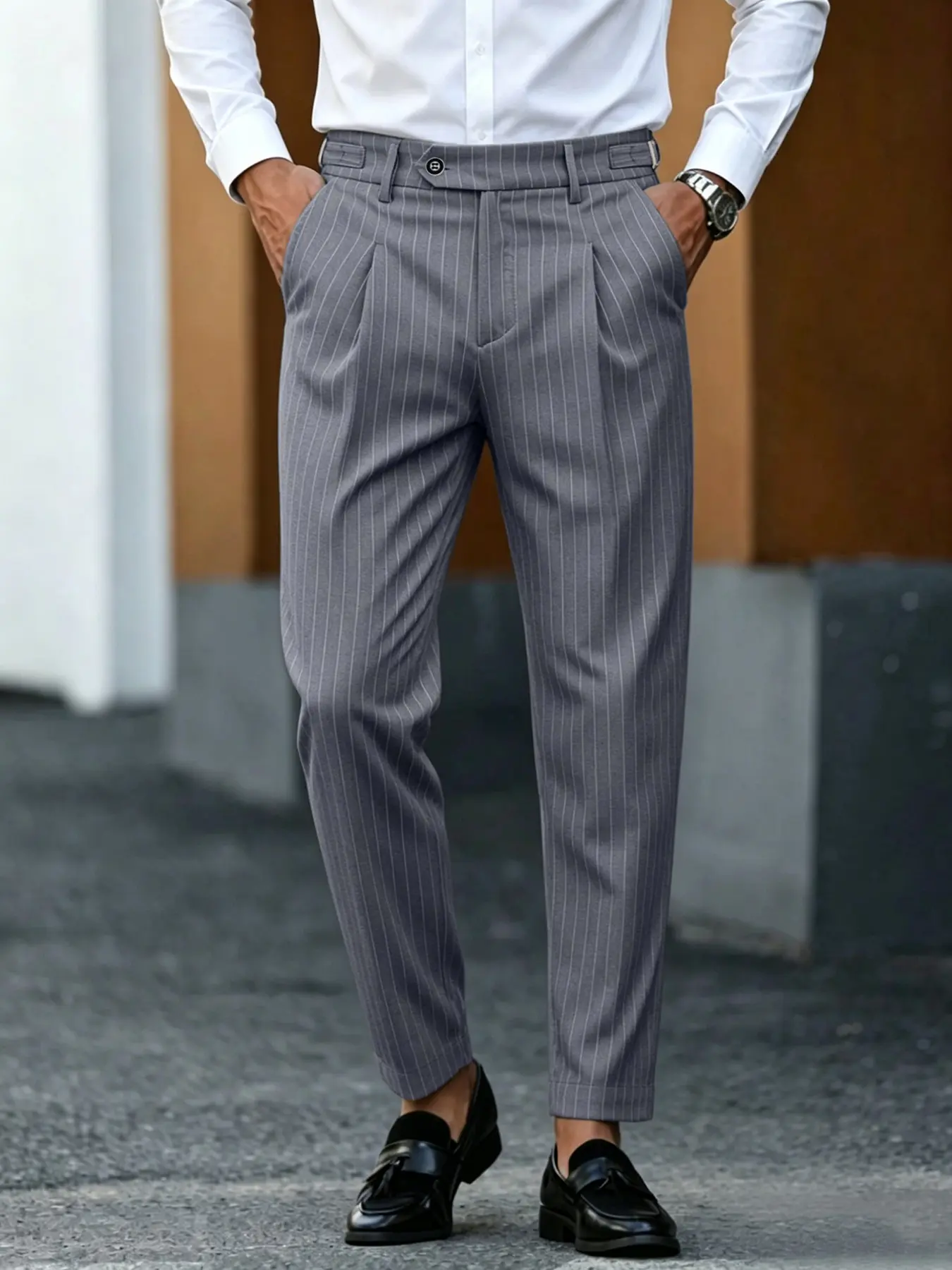 Men's Italian Napoli Striped Blazer, Slim-Fitting Natural Waist, All-Season Business Casual Long Pants, Versatile Nine-Inch Pants