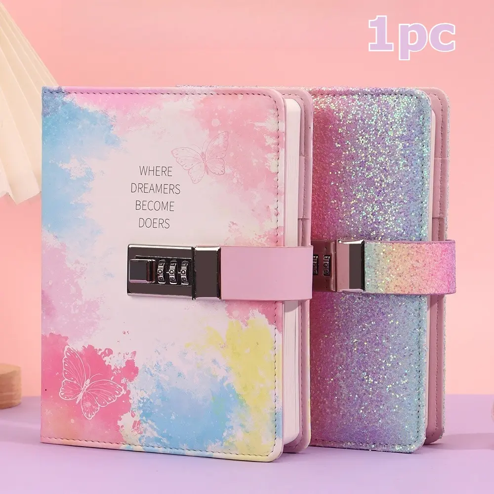 Password Lock Journal Notebook for Student Writing, Glitter PU Cover, B6 Size, Hardcover Secret Diary, Diary with Lock