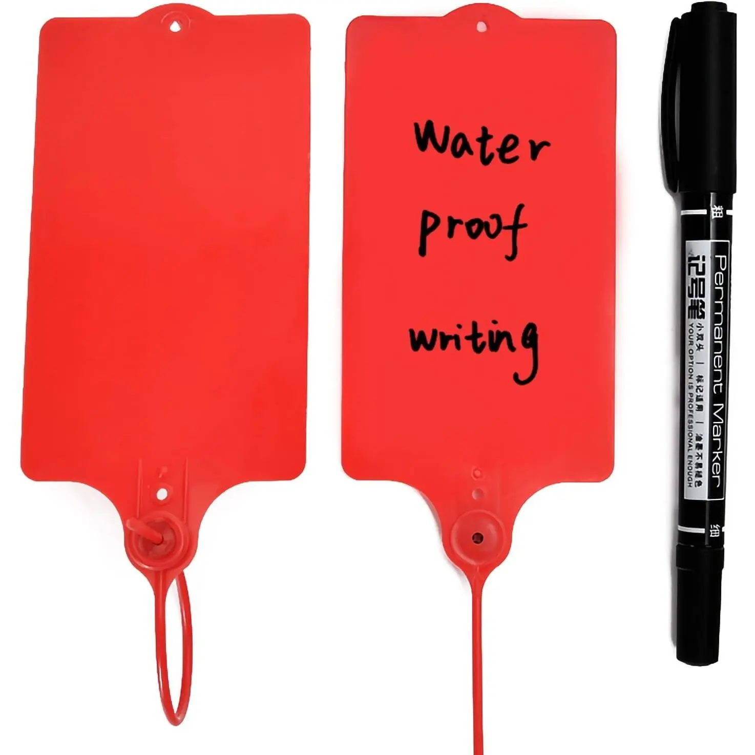 100 Plastic Shipping Tags - Waterproof, Writable, Hanging Tags with One Red Marker Pen