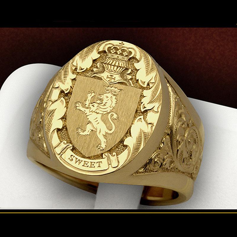 Vintage Crown Lion Shield Crest Ring | European Gold Plated Royal Signet Men's Ring