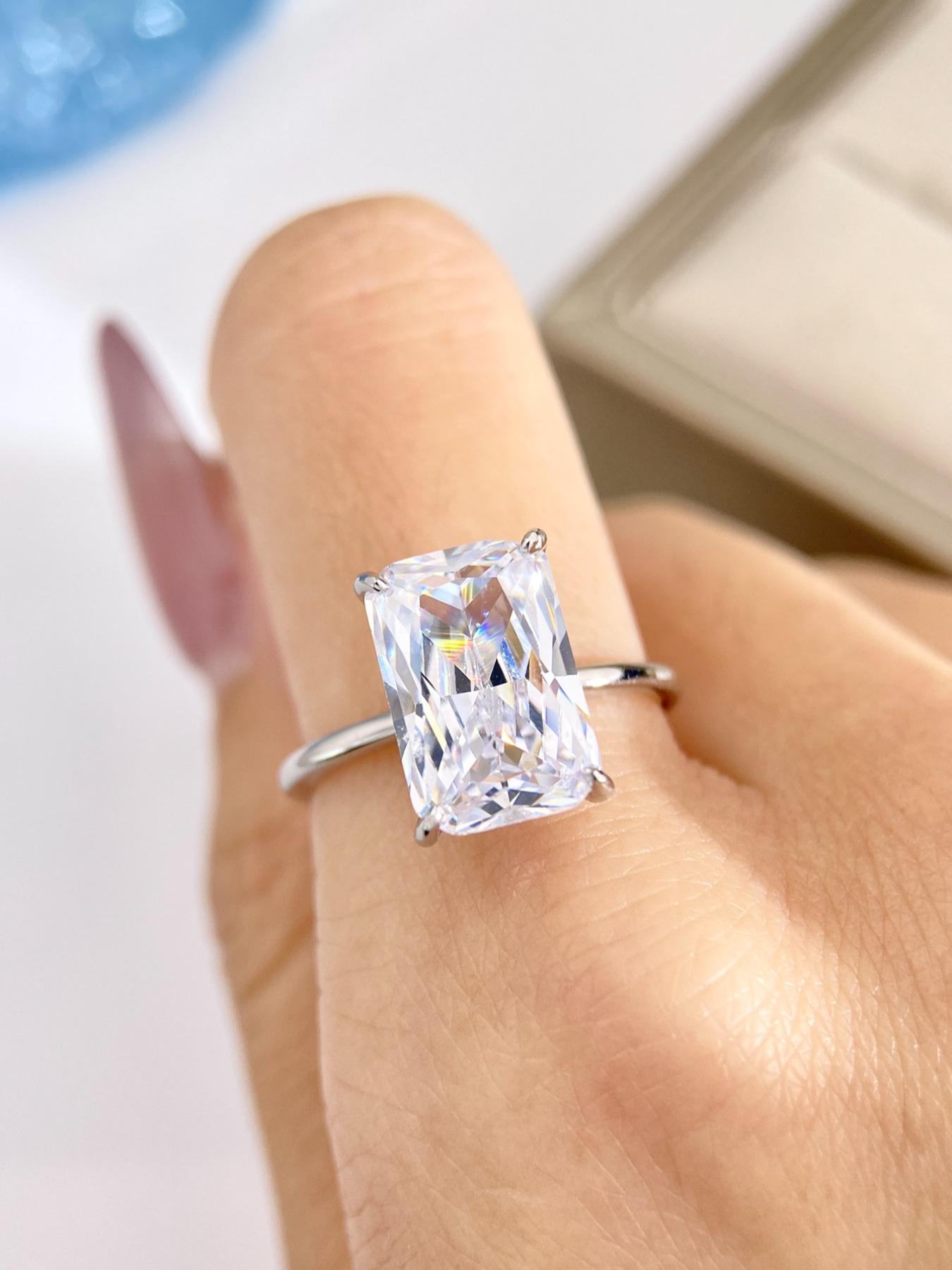 S925 Sterling Silver Fashion Rectangle Shape Zircon Ring, Eternal Promise Engagement Wedding Ring, Ladies Fine Jewelry Anniversary Dating Gift with Rose Gift Box, Valentine's Day, Gift for Her