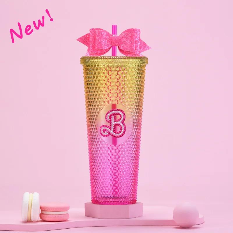 24oz Pretty Pink Studded Logo Tumbler with Matching Straw 710ml Gradient Hand Cup Double-layer Plastic Insulated Drinkware