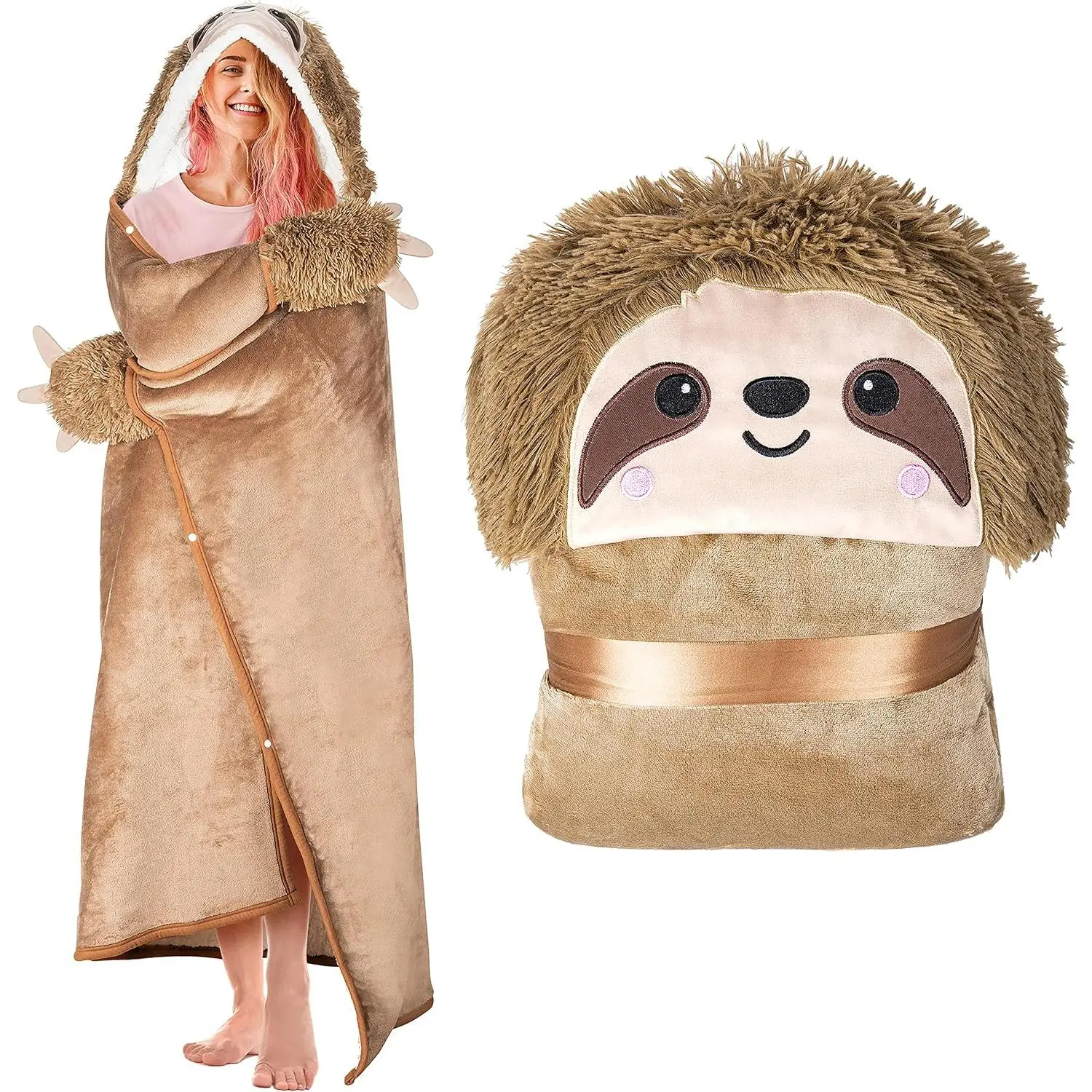 Sloth Wearable Hooded Blanket for Adults - Super Soft Warm Cozy Plush Flannel Fleece & Sherpa Hoodie Throw Cloak Wrap - Sloth Gifts for Women Adults and