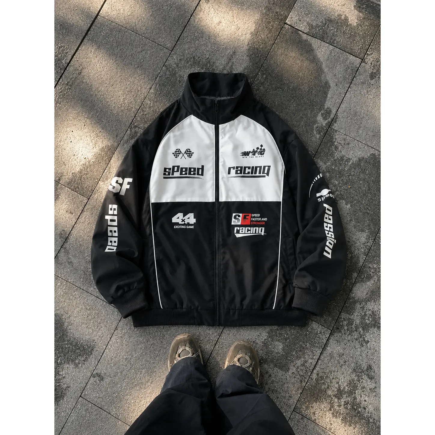 Retro Moto Jacket 2-Tone Oversized Fit with Speed Patches Y2K Track Jacket Vibes
