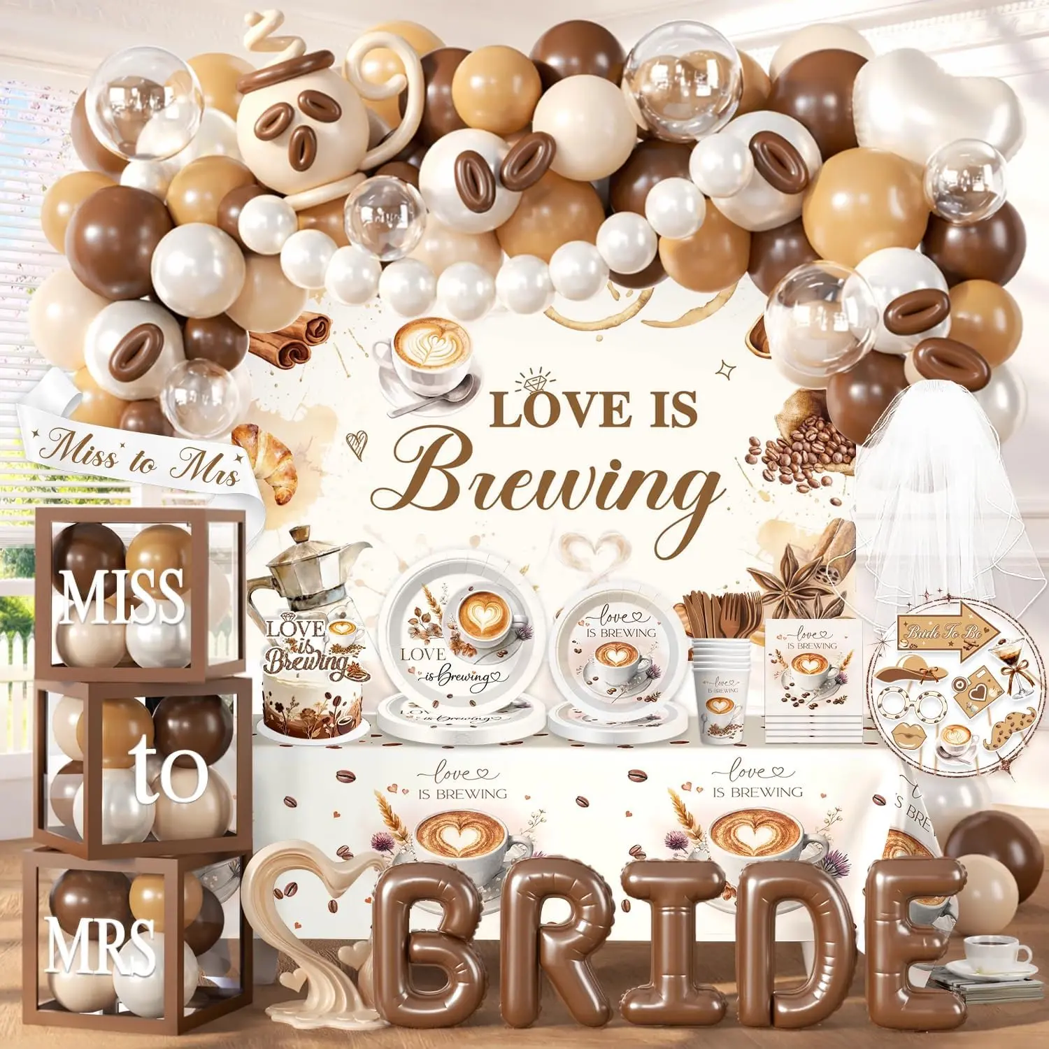 316 count Love Is Brewing Bridal Shower Decorations, -in- Bridal Shower Decor Set for 25 Guests with Balloon Arch, Bridal Veil, Tablecloth, Backdrop, Cake Topper, Thick Plates and Photo Props