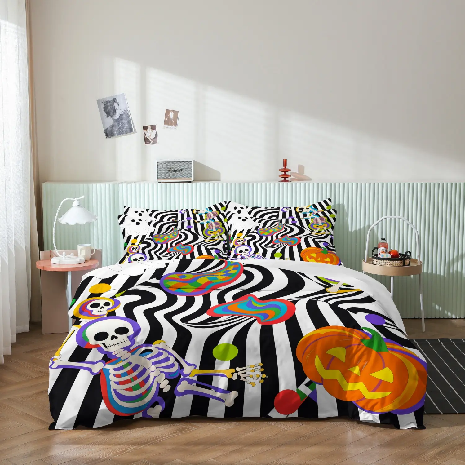 3 Pieces Trippy Rainbow Skeleton Halloween Print Duvet Cover Set, Black White Wavy Stripe Pumpkin Ghost Colorful Swirl Printed Bedding, For Bedroom Home Decoration, Multiple Sizes Available (1 Duvet Cover + 2 Pillowcases, No Comforter No Pillow)