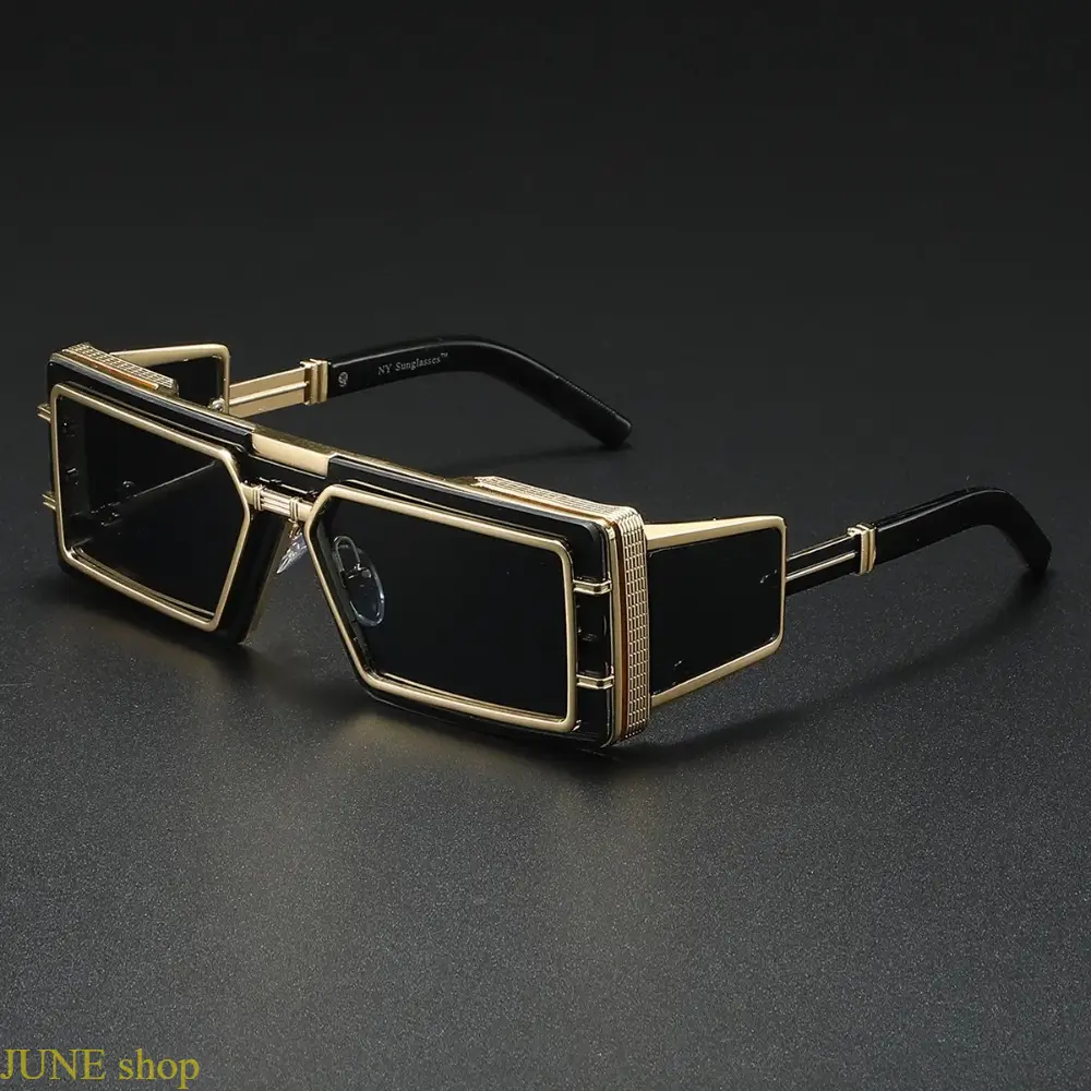 Oversized Square Rectangular Sunglasses With Black Chrome Cutout Metal Frame, Futuristic Glam Mirrored UV400 Protection Shades As Party And Festive Event Fashion Accessory