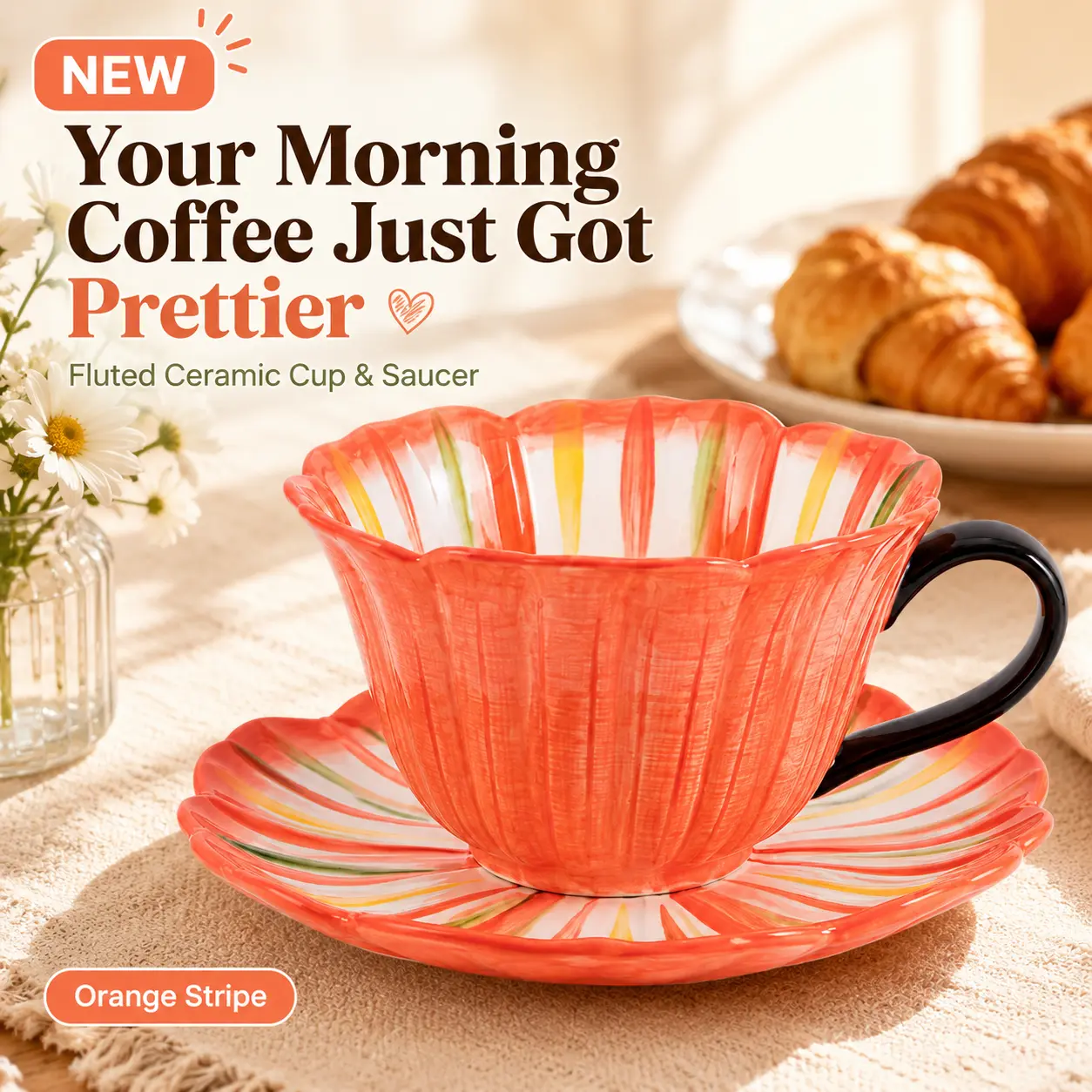 Rainbow Pink Ceramic Fluted Cup and Saucer Set with Black Handle, 8.8 fl oz Coffee Tea Cup, Microwave and Dishwasher Safe